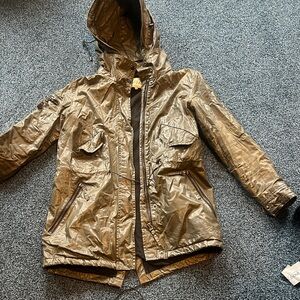 SAM New York NY medium raincoat coated fabric olive green detach hood